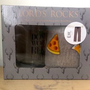 Don’t Worry Beer Happy glass🍺 mug & men’s pizza 🍕 slices pj pants gift set